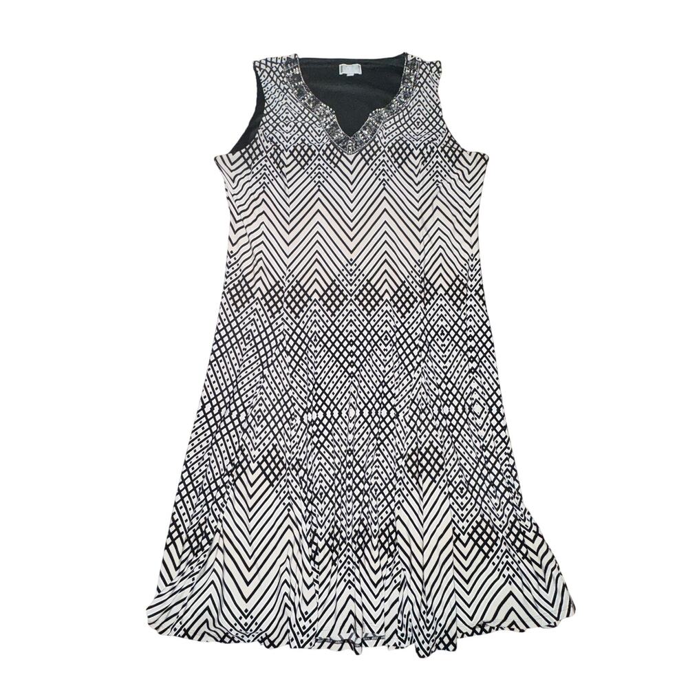 JM Collection Sleeveless Dress Women's Size XL Black White Geometric Sequin Neck